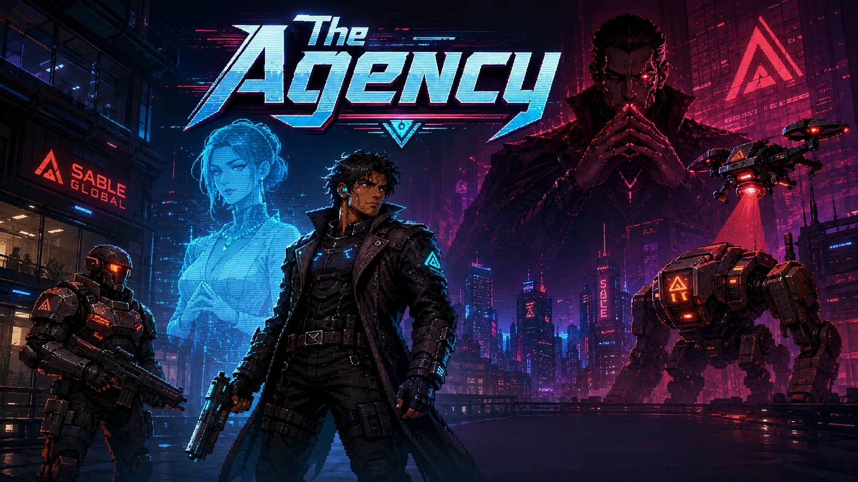 Key art for The Agency: an agent in a black trench coat stands between a cyan hologram and a red-lit mech under a neon city skyline.
